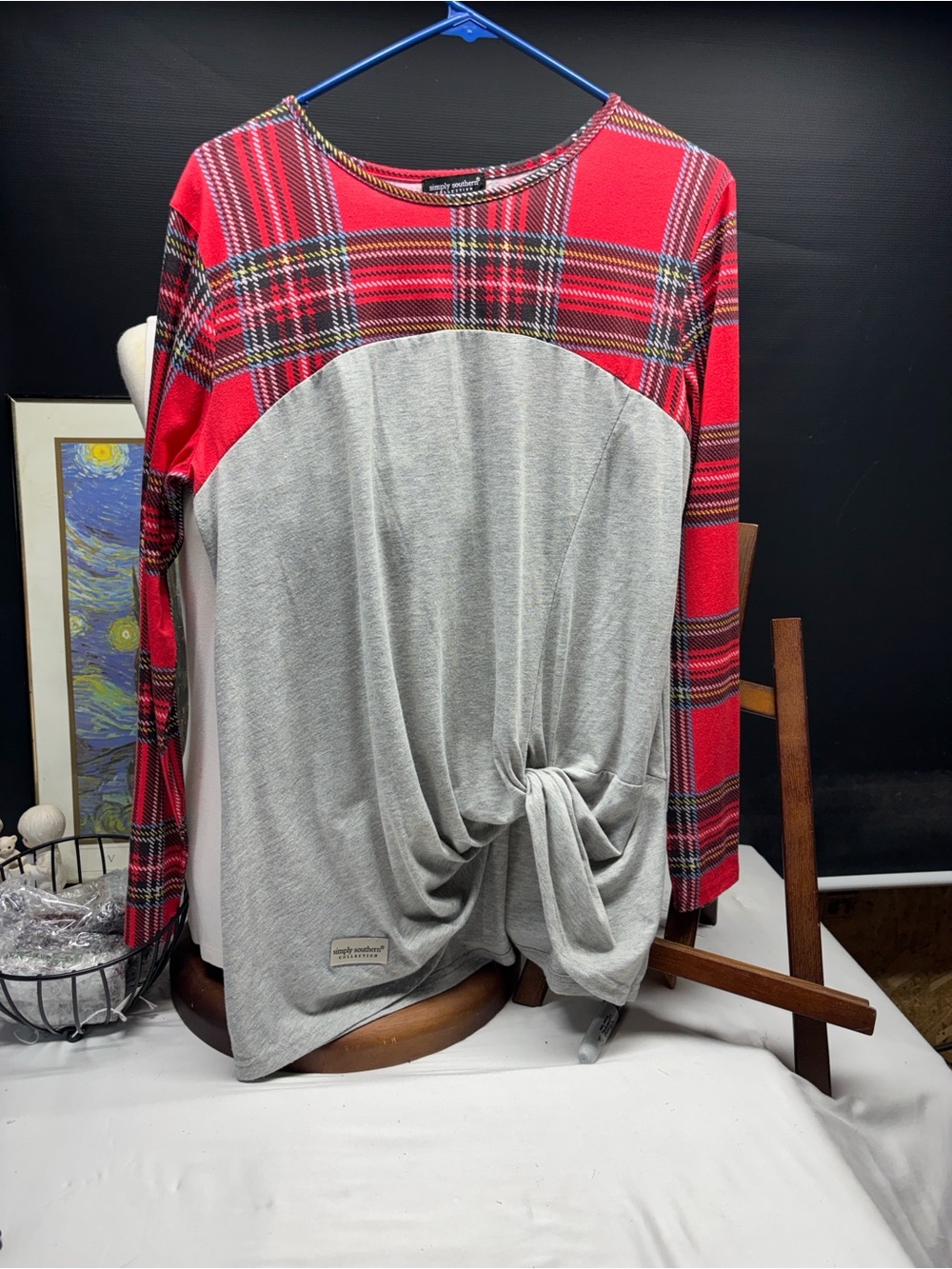 Simply Southern Red Plaid & Light Gray Knot-Front Long Sleeve Tee